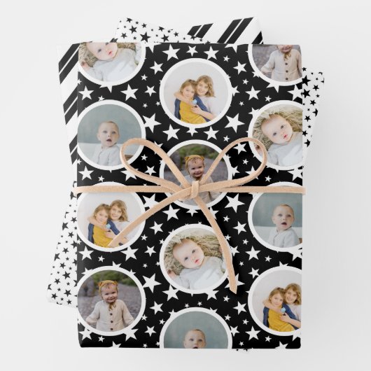 Black White Stars Stripes Photo Collage Kerstmis Inpakpapier Vel (In situ)