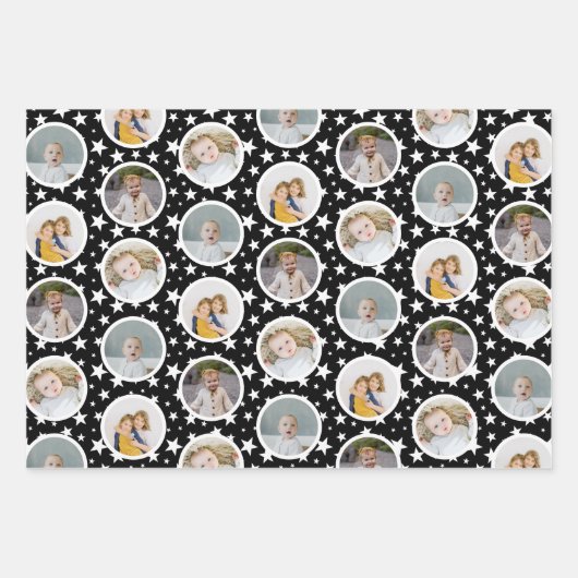 Black White Stars Stripes Photo Collage Kerstmis Inpakpapier Vel (Voorkant)