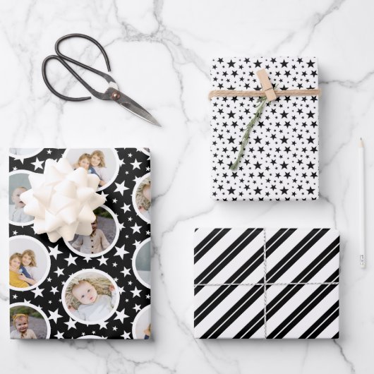 Black White Stars Stripes Photo Collage Kerstmis Inpakpapier Vel (Voorkant)