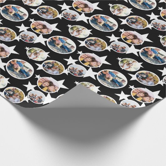 Black White Stars Stripes Round Photos Christmas Cadeaupapier (Hoek)