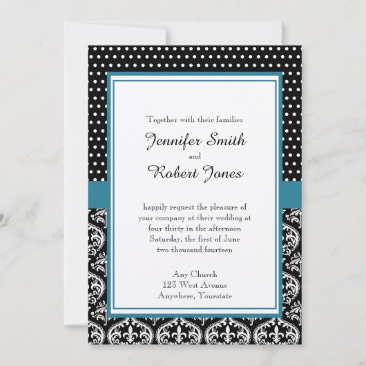 Black White Stippen en Damask Wedding Invitation Kaart (Voorkant)