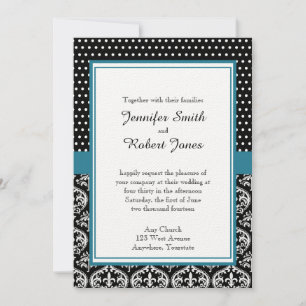 Black White Stippen en Damask Wedding Invitation Kaart