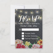 Black White String Lights Floral Wedding RSVP Kaar (Voorkant)