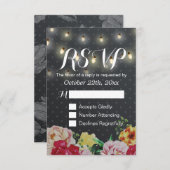 Black White String Lights Floral Wedding RSVP Kaar (Voorkant / Achterkant)