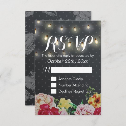 Black White String Lights Floral Wedding RSVP Kaar (Voorkant / Achterkant)