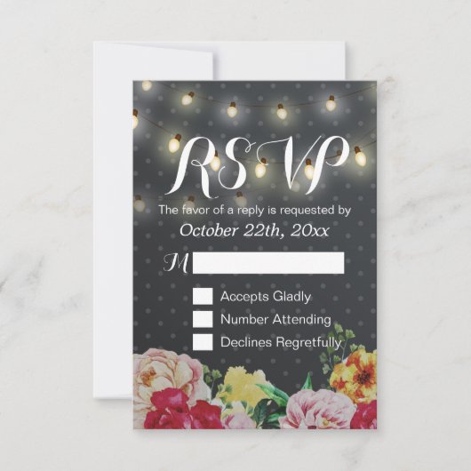 Black White String Lights Floral Wedding RSVP Kaar Kaartje (Voorkant)