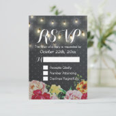 Black White String Lights Floral Wedding RSVP Kaar Kaartje (Staand voorkant)