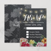 Black White String Lights Floral Wedding RSVP Kaar Kaartje (Voorkant / Achterkant)