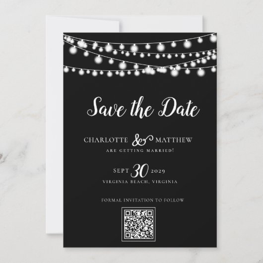 Black White String Lights Modern Script Bewaar de Save The Date (Voorkant)