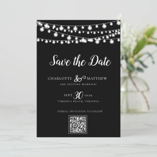 Black White String Lights Modern Script Bewaar de Save The Date (Staand voorkant)