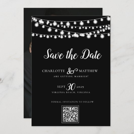 Black White String Lights Modern Script Bewaar de Save The Date (Voorkant / Achterkant)