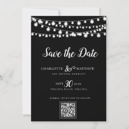 Black White String Lights Modern Script Bewaar de Save The Date