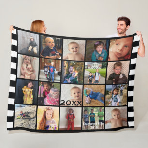 Black White Stripe 20 Photo Collage Family Fleece Deken
