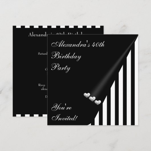 Black White Stripe 40e Verjaardag Event Zilveren L Kaart (Voorkant / Achterkant)