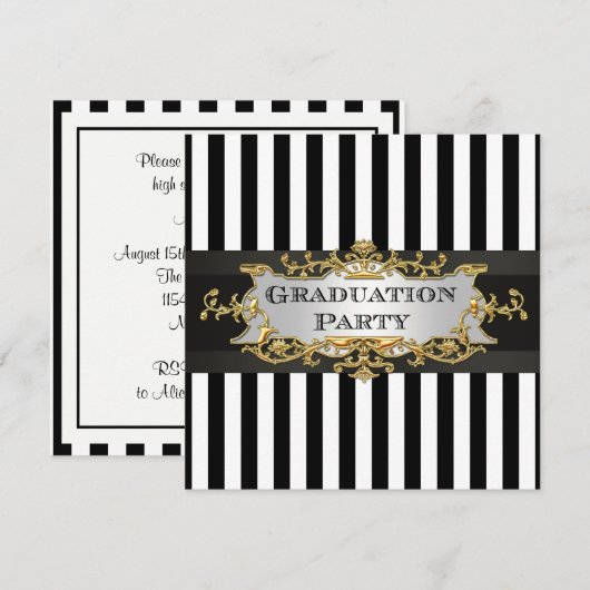Black White Stripe Afstuderen Invite Kaart (Voorkant / Achterkant)