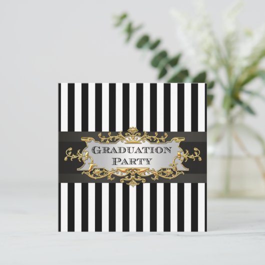 Black White Stripe Afstuderen Invite Kaart (Staand voorkant)