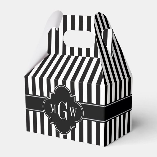Black White Stripe Black Quatrefoil 3 Monogram Bedankdoosjes (Voorkant Zijde)