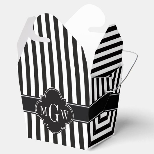 Black White Stripe Black Quatrefoil 3 Monogram Bedankdoosjes (Geopend)