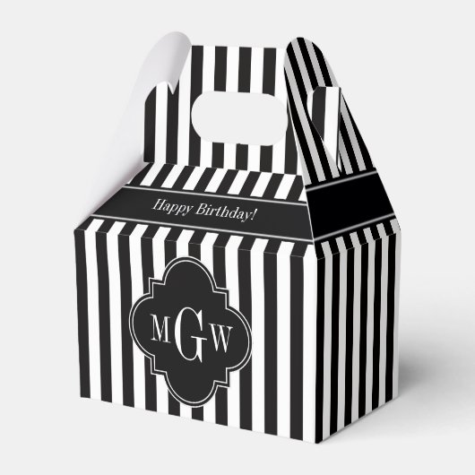 Black White Stripe Black Quatrefoil 3 Monogram Bedankdoosjes (Voorkant Zijde)