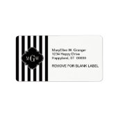 Black White Stripe Black Quatrefoil 3 Monogram Etiket (Voorkant)