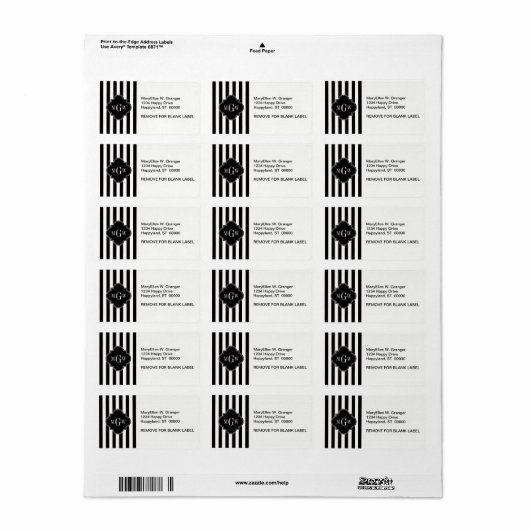 Black White Stripe Black Quatrefoil 3 Monogram Etiket (Full Sheet)