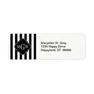 Black White Stripe Black Quatrefoil 3 Monogram Etiket