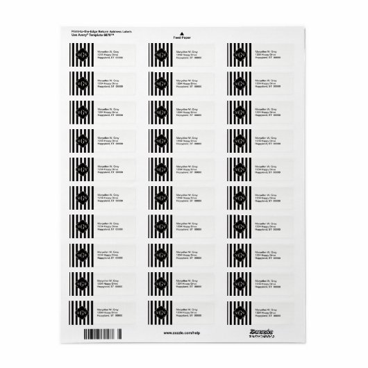 Black White Stripe Black Quatrefoil 3 Monogram Etiket (Full Sheet)