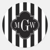Black White Stripe Black Quatrefoil 3 Monogram Ronde Sticker (Voorkant)