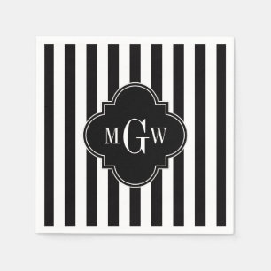 Black White Stripe Black Quatrefoil 3 Monogram Servet
