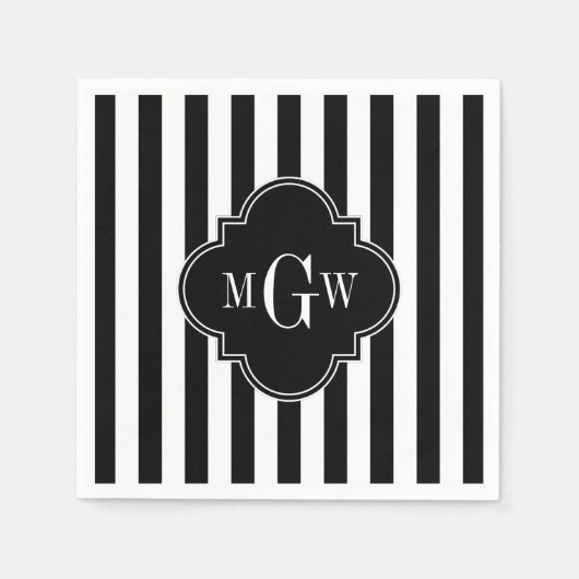 Black White Stripe Black Quatrefoil 3 Monogram Servet (Voorkant)