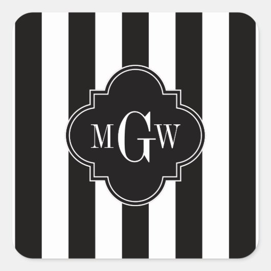Black White Stripe Black Quatrefoil 3 Monogram Vierkante Sticker (Voorkant)