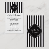 Black White Stripe Black Quatrefoil 3 Monogram Visitekaartje (Voorkant / Achterkant)