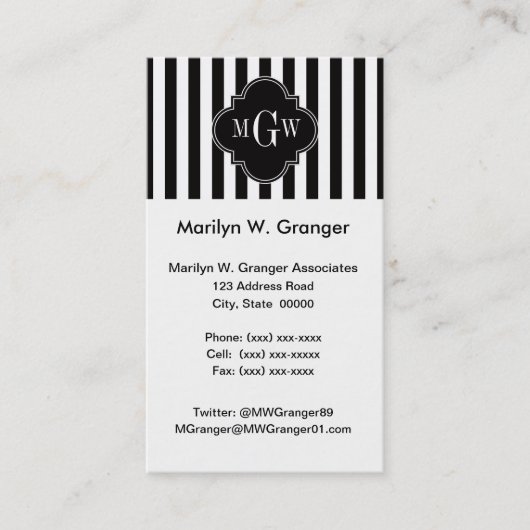 Black White Stripe Black Quatrefoil 3 Monogram Visitekaartje (Voorkant)