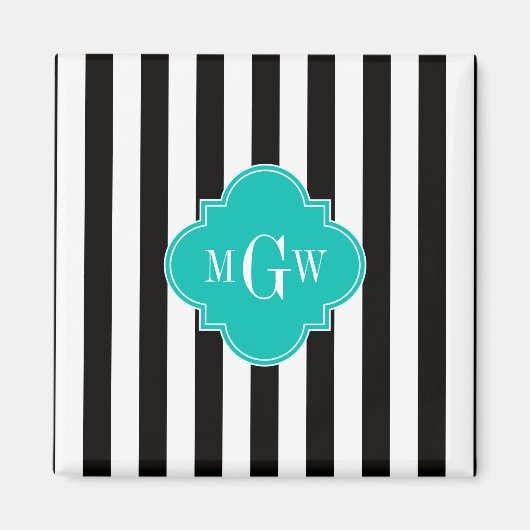 Black White Stripe Blauwgroen Quatrefoil 3 Monogra Magneet (Voorkant)