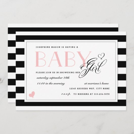 Black & White Stripe Bleek roze Baby shower Kaart (Voorkant / Achterkant)