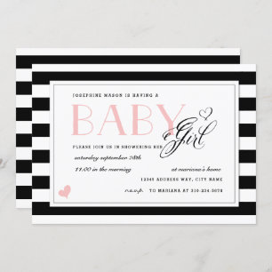 Black & White Stripe Bleek roze Baby shower Kaart
