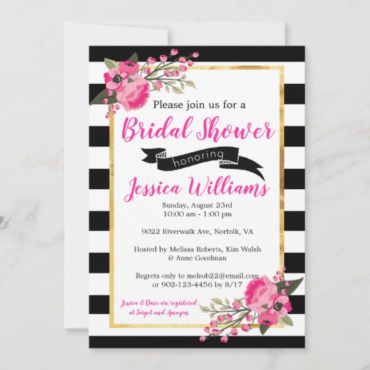 Black White Stripe Bloemen Bruids Douche Uitnodigi Kaart (Voorkant)