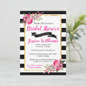 Black White Stripe Bloemen Bruids Douche Uitnodigi Kaart (Staand voorkant)