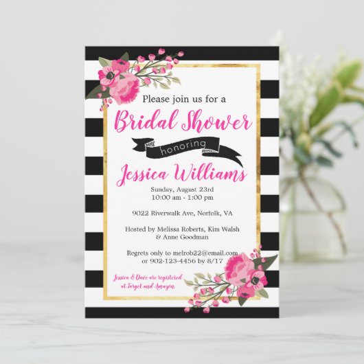 Black White Stripe Bloemen Bruids Douche Uitnodigi Kaart (Staand voorkant)