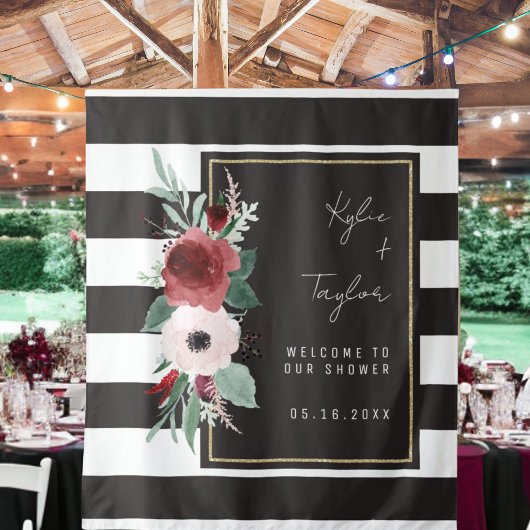 Black White Stripe Botanical Couple Wedding Shower Wandkleed