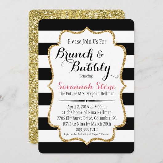 Black & White Stripe Brunch & Bubbly Shower Uitnod Kaart (Voorkant / Achterkant)