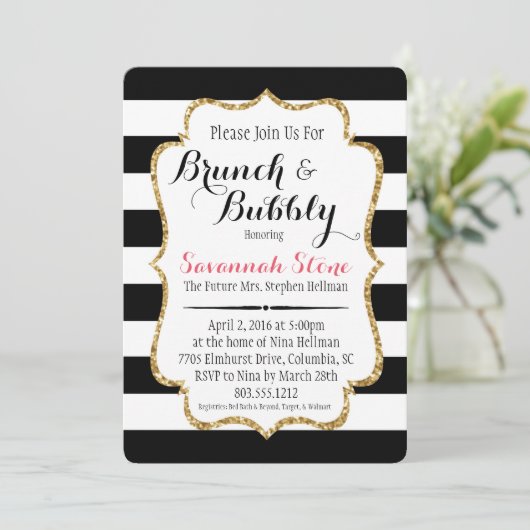 Black & White Stripe Brunch & Bubbly Shower Uitnod Kaart (Staand voorkant)