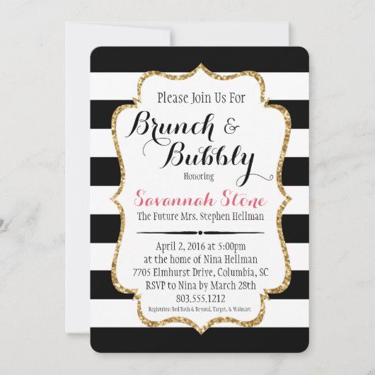 Black & White Stripe Brunch & Bubbly Shower Uitnod Kaart (Voorkant)