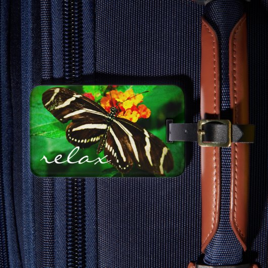 Black White Stripe Butterfly Photo Relax Script Bagagelabel (Voorkant Insitu 4)