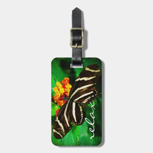Black White Stripe Butterfly Photo Relax Script Bagagelabel (Voorkant verticaal)