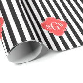Black White Stripe Coral Quatrefoil 3 Monogram Cadeaupapier (Rol Hoek)