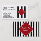 Black White Stripe Cranberry Quatrefoil 3 Monogram Visitekaartje (Voorkant / Achterkant)