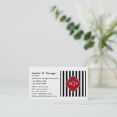 Black White Stripe Cranberry Quatrefoil 3 Monogram Visitekaartje (Staand voorkant)
