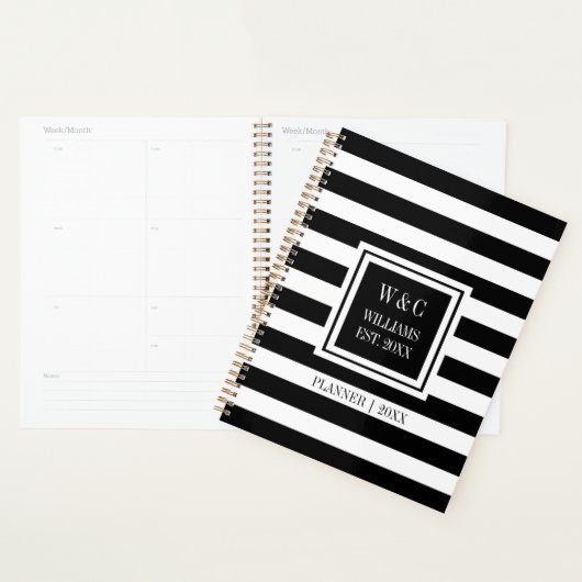 Black White Stripe Family Name Monogram 2023 Planner (Display)