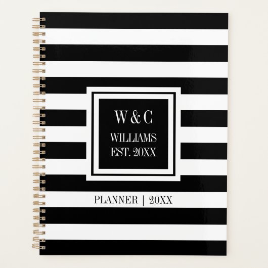 Black White Stripe Family Name Monogram 2023 Planner (Voorkant)